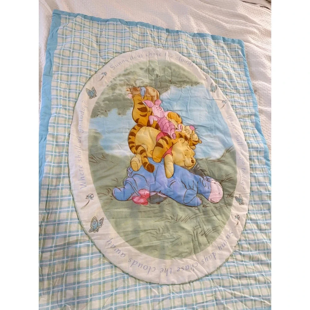 Disney Winnie the Pooh Baby Quilt Unisex Blue Green Blanket Reversible Vintage